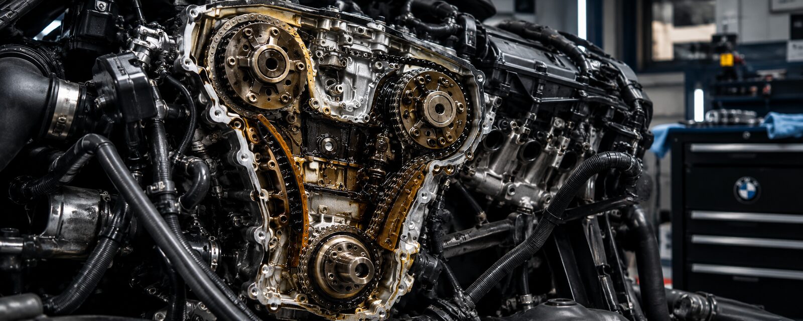 Motor BMW con la tapa de distribución desmontada: se ven la cadena, las guías y los piñones de los árboles de levas