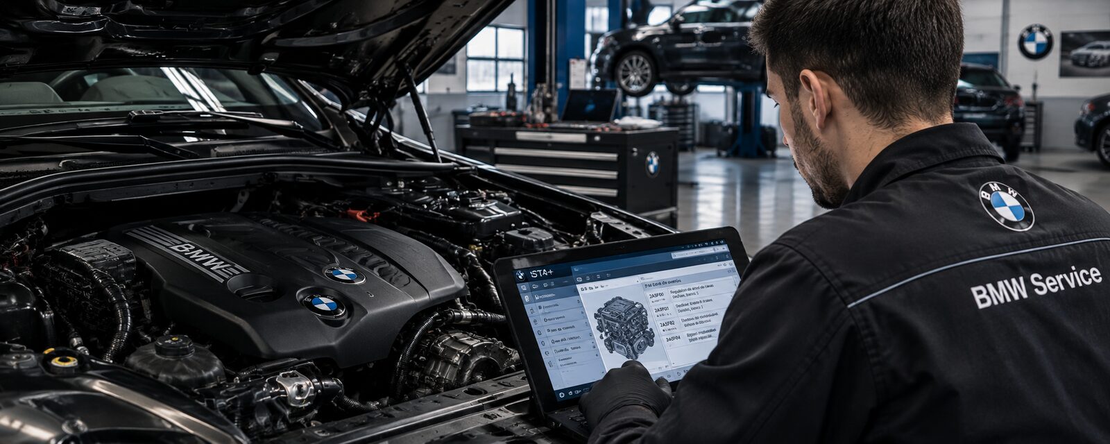 Mecánico diagnosticando con el ordenador un BMW con el capó abierto en el taller